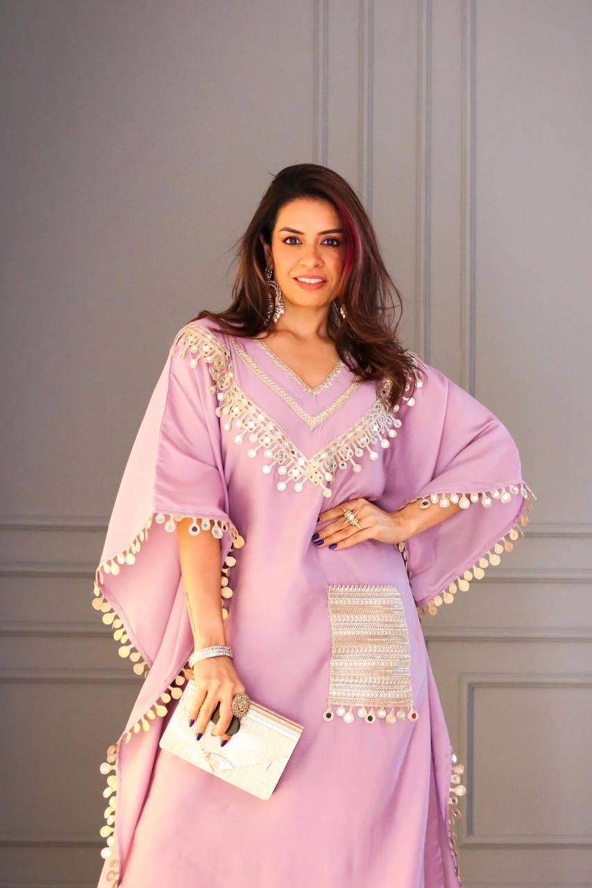 Premium Devsena Satin Kaftan & Pant Set | Real Mirror Work & Lace Detailing