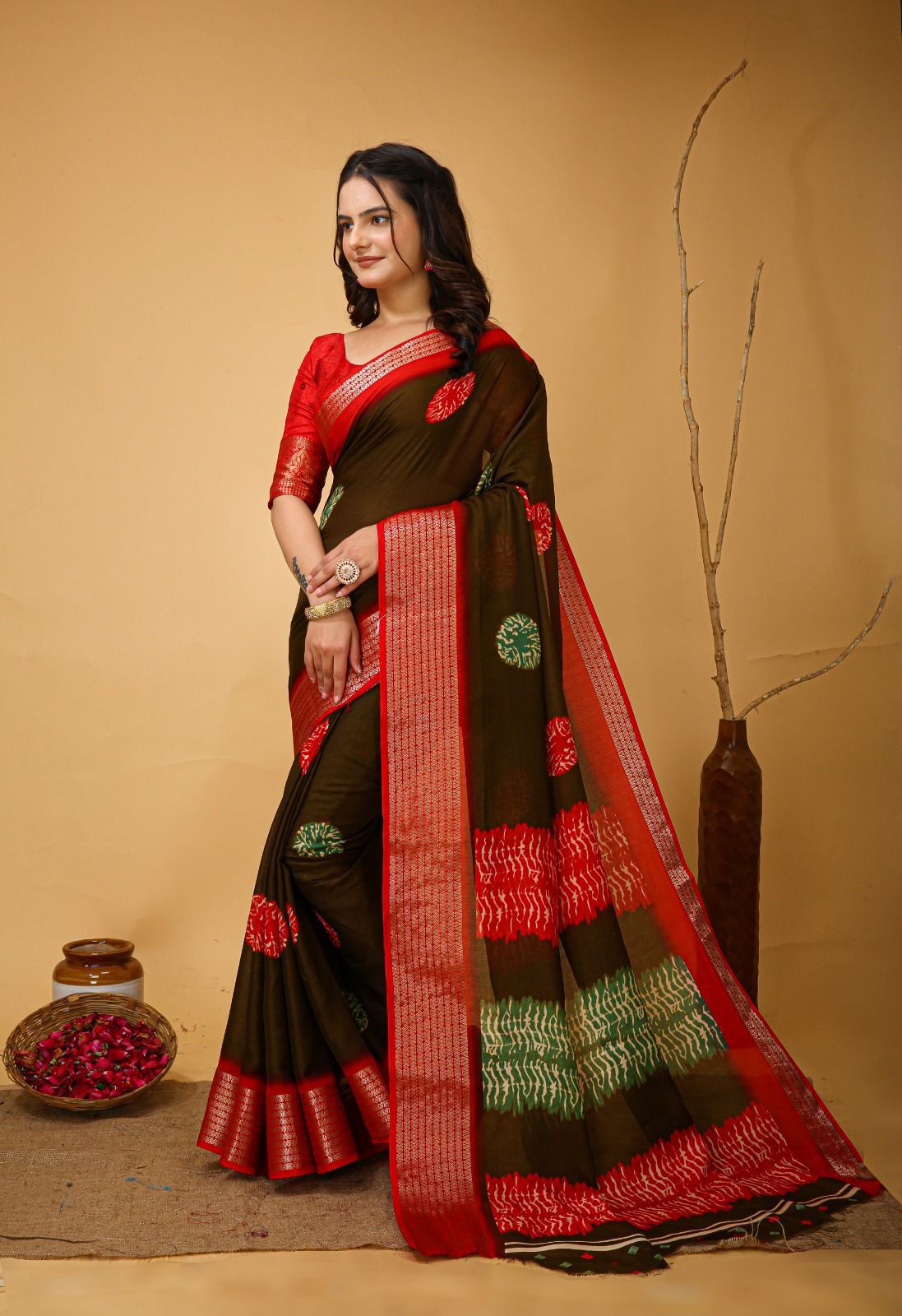 Enchanting Soft Dola Silk Saree | Jacquard Kanjivaram Zari Border & Printed Blouse | Wedding Perfect