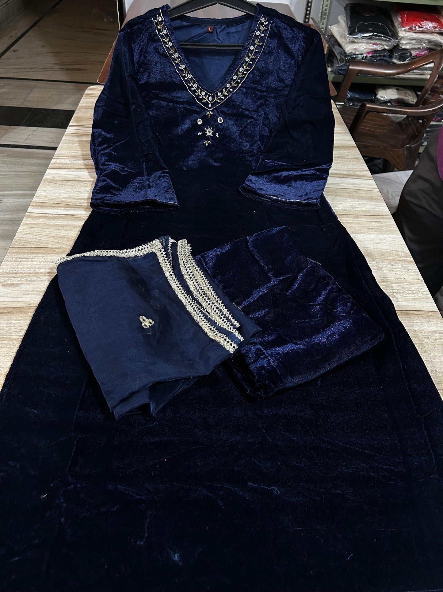 Winter Collection Velvet Suit Set – Navy Blue | Hand Work with Organza Dupatta
