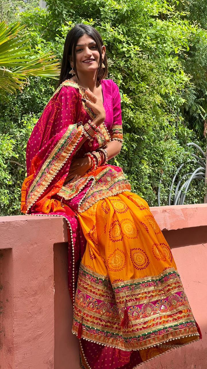 "Royal Bandhej Elegance – Original Moss Chiffon Saree with Heavy Gotta Patti & Pearl Lace Border"