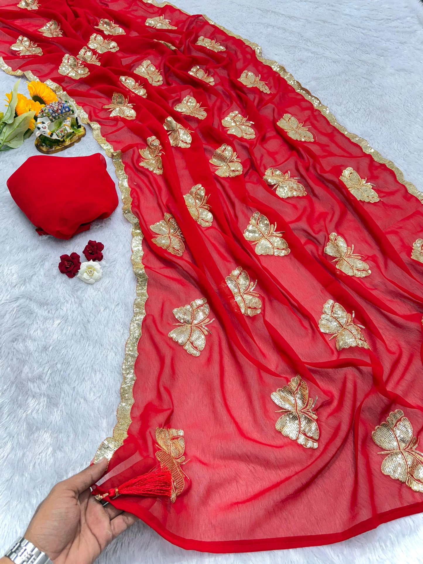 Perfect for festive occasions, this saree blends tradition and trend—crafted to make you shine bright this Karwa Chauth!