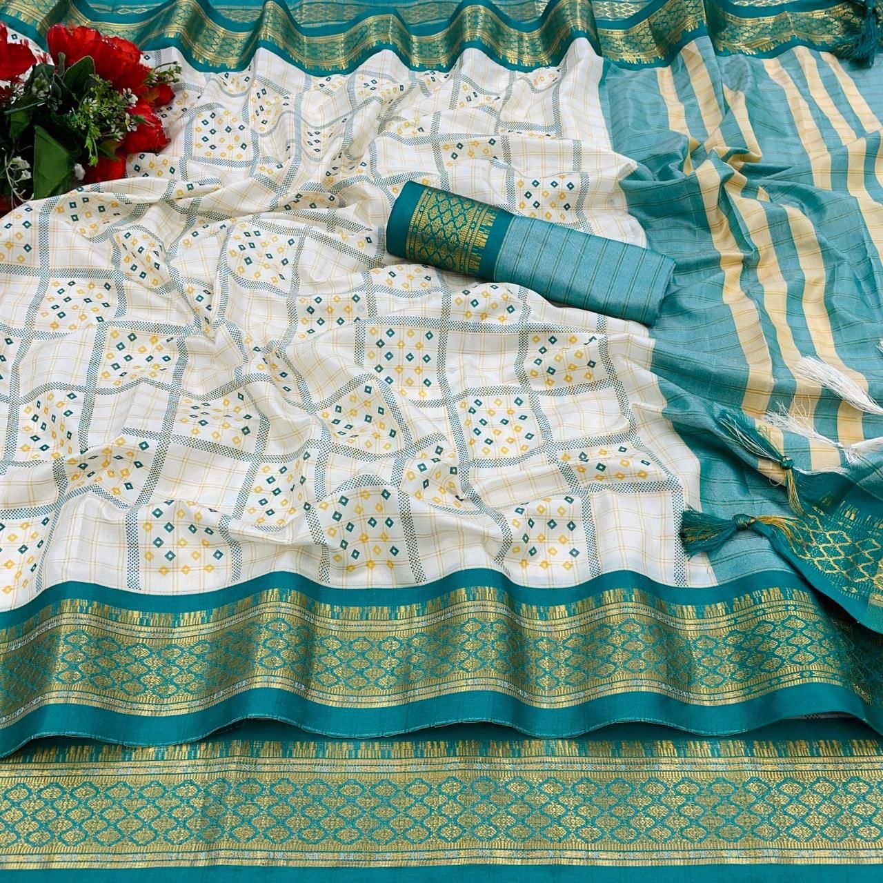 Present New Trends Block Print Banarasi Saree – Pure Cotton Silk with Zari Weaving & Designer Blouse