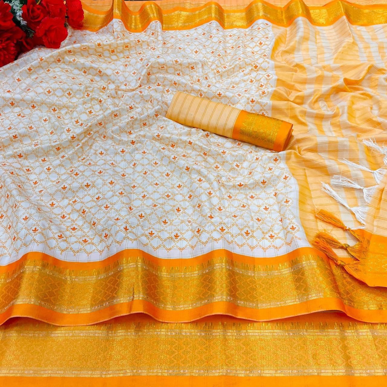 Present New Trends Block Print Banarasi Saree – Pure Cotton Silk with Zari Weaving & Designer Blouse
