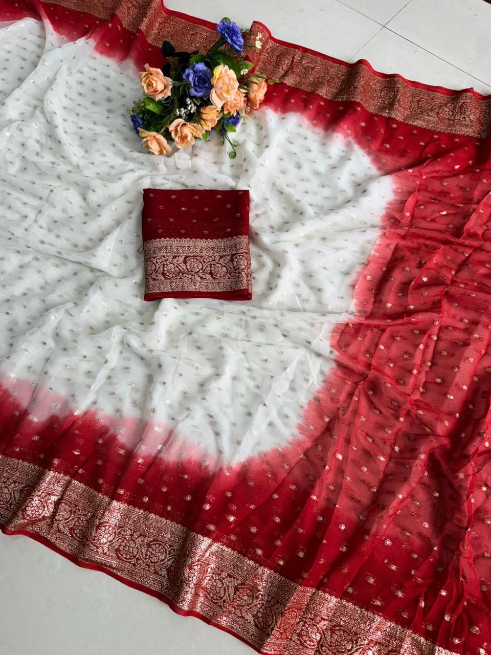 Durga Puja Special – Viscose Georgette Saree with Contrast Pallu & Running Blouse