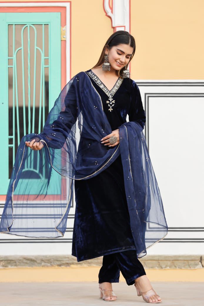 Winter Collection Velvet Suit Set – Navy Blue | Hand Work with Organza Dupatta