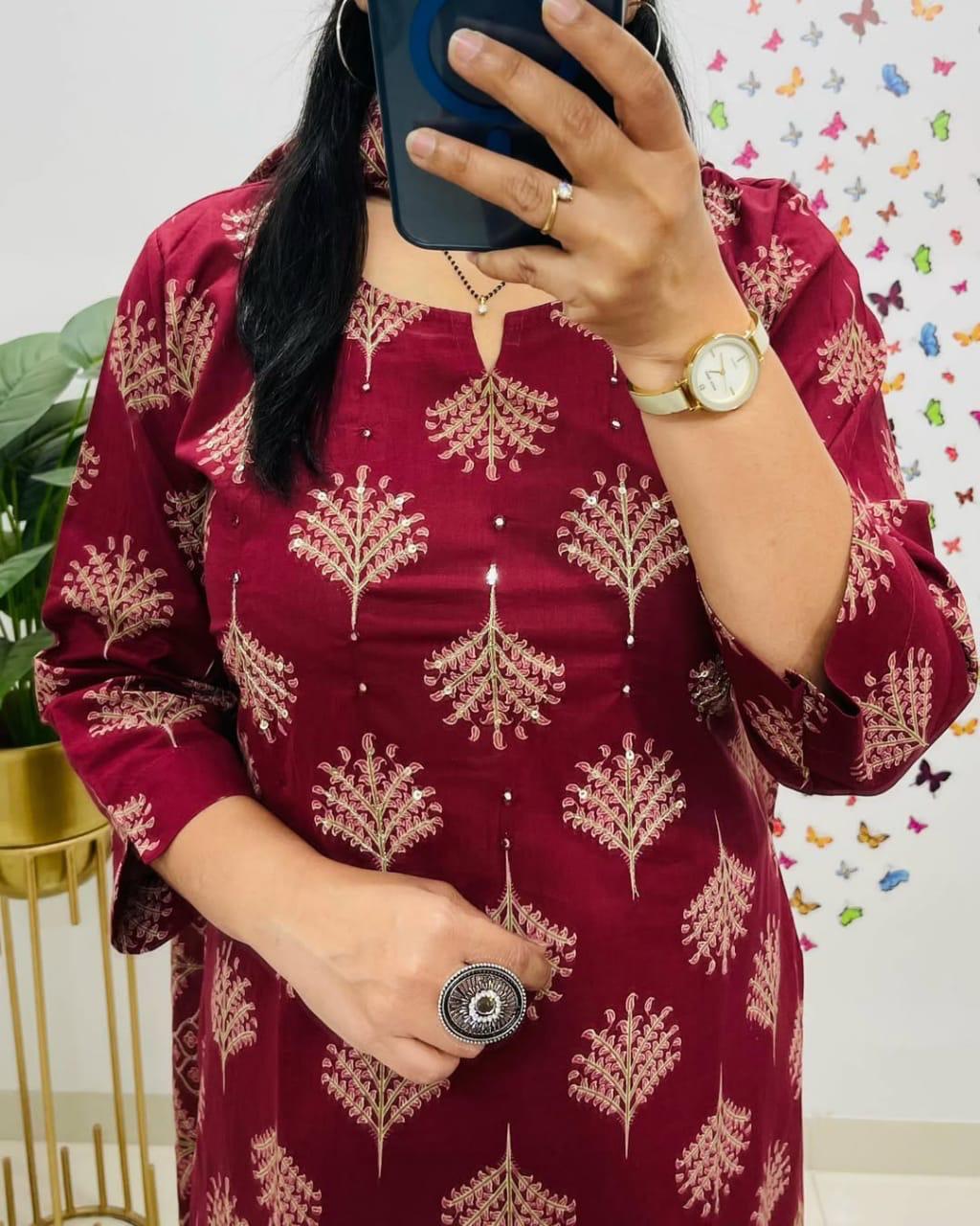 Premium Heavy Cotton Embroidered Kurti Set with Dupatta | Ethnic Elegance