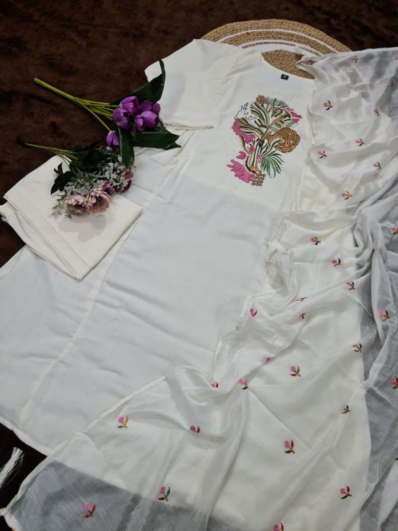 Premium Rayon Slub Kurti Set with Chanderi Dupatta | Embroidery Work | Ready to Wear