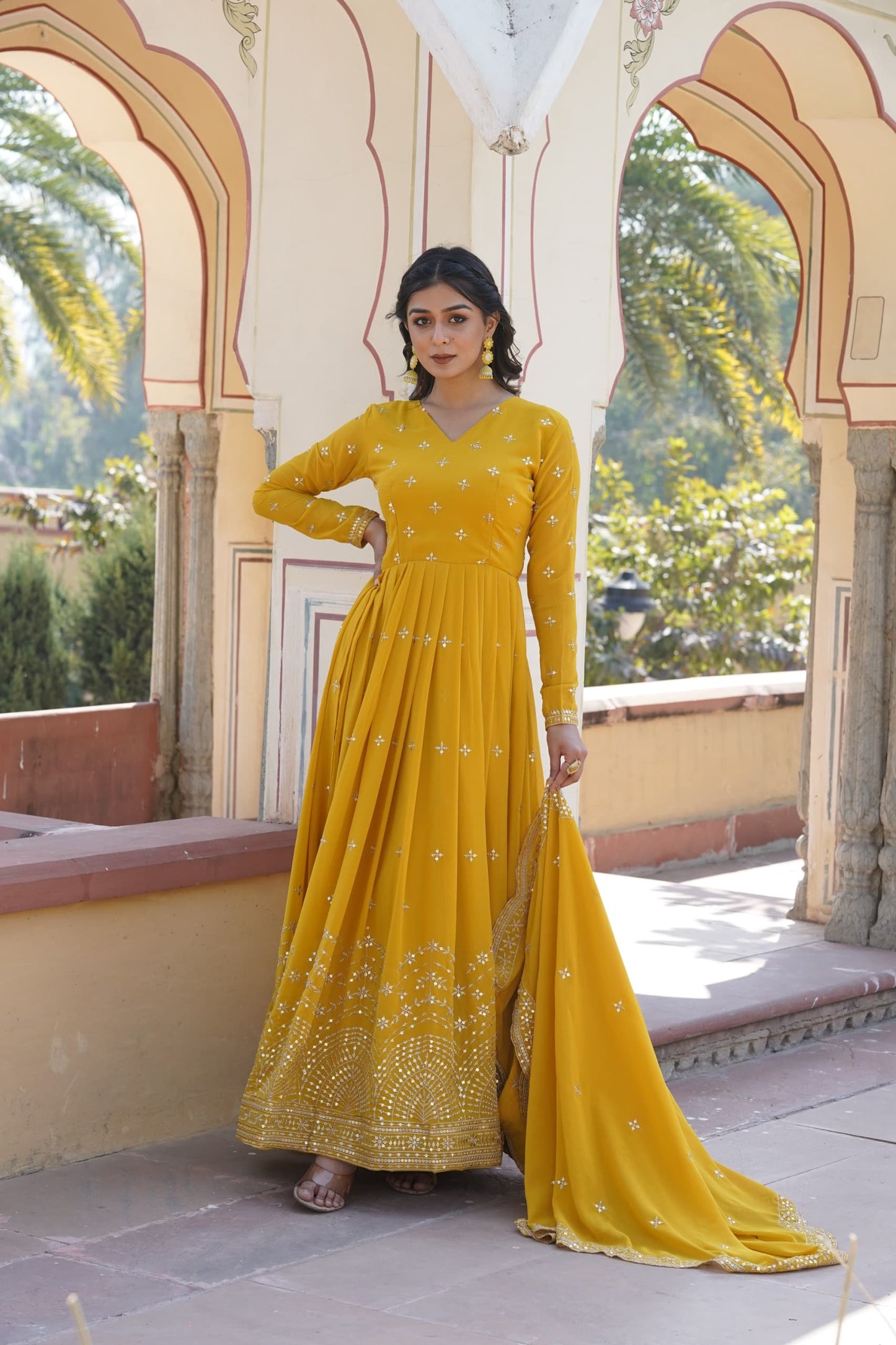 Premium Designer Readymade Gown with Dupatta β Faux Georgette, Zari & Sequins Embroidery