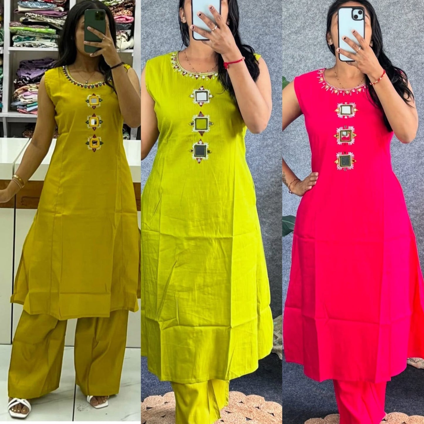 Premium Cotton Mirror & Sequin Kurti Set | Trendy A-Line Co-Ord