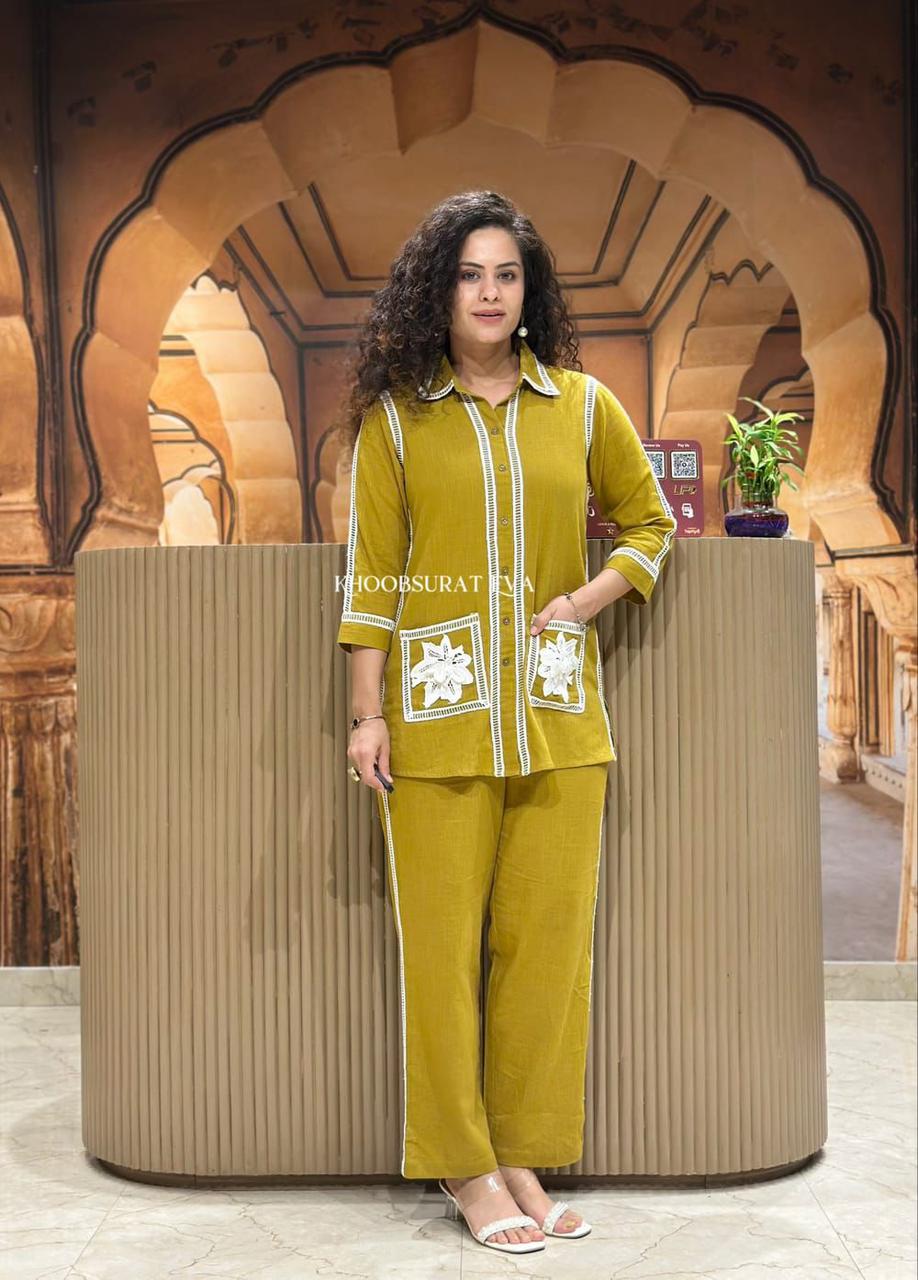 New Stylish Cotton Slub Co-ord Set | Shirt-Style Top & Pants with Embroidery & Lace Work