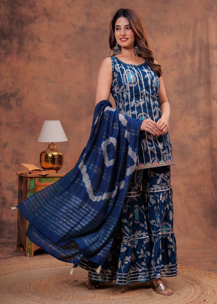New Launch | Premium Muslin Kurti Sharara Dupatta Set | Digital Foil Print