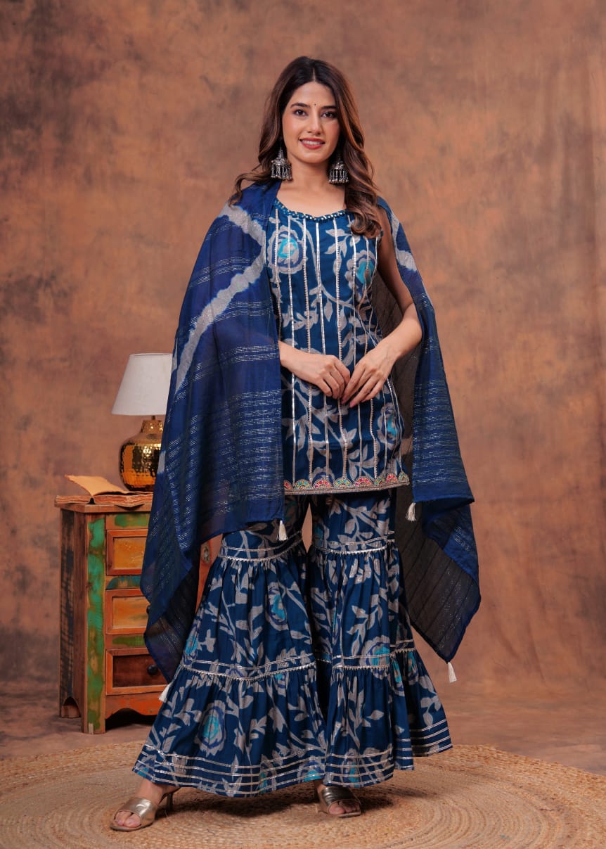 New Launch | Premium Muslin Kurti Sharara Dupatta Set | Digital Foil Print