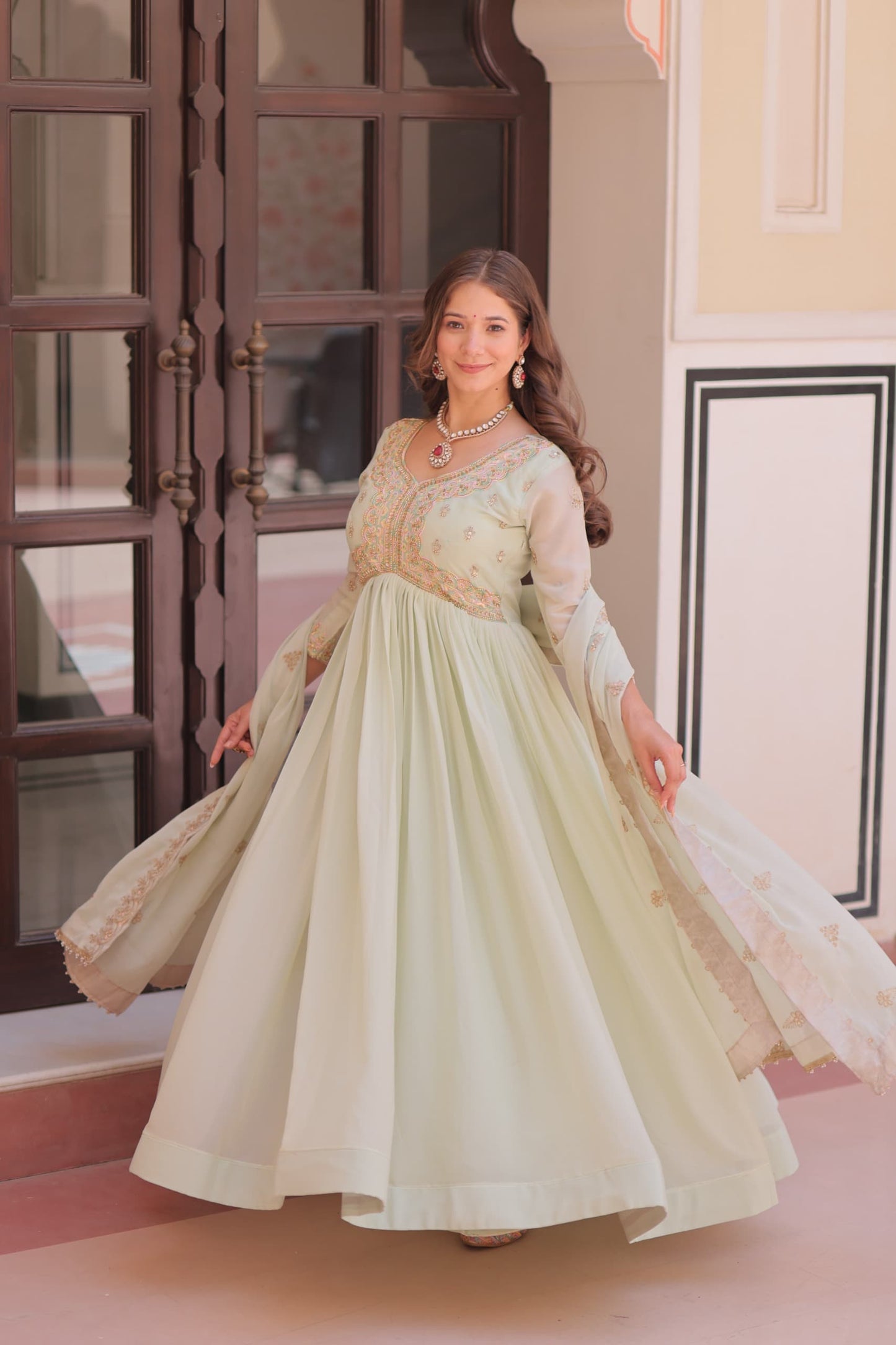 Premium Star Georgette Embroidered Gown with Dupatta | Diwali Special 2025