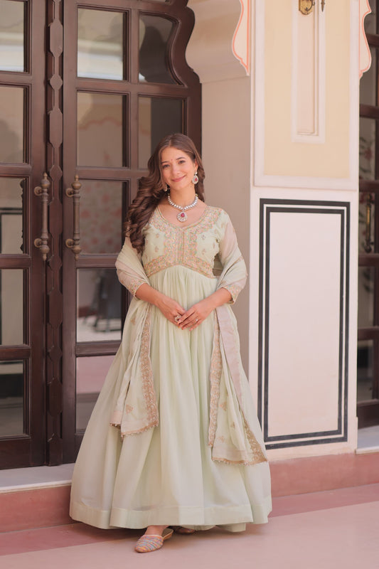 Premium Star Georgette Embroidered Gown with Dupatta | Diwali Special 2025