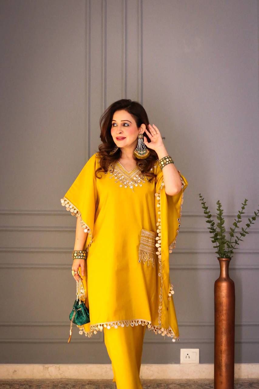 Premium Devsena Satin Kaftan & Pant Set | Real Mirror Work & Lace Detailing