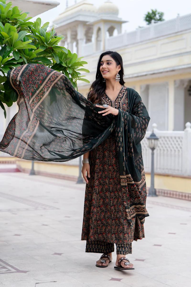 Dreamy A-Line Cotton Kurta Set | Printed Kurta, Pant & Dupatta | Sequins Katha Work