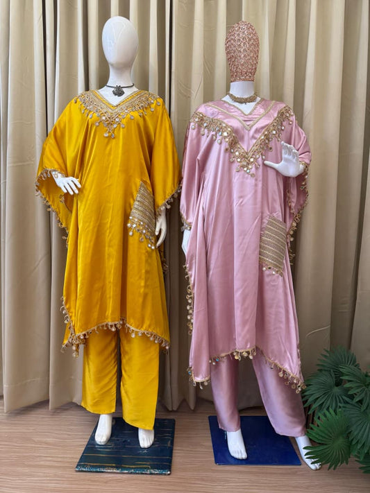 Premium Devsena Satin Kaftan & Pant Set | Real Mirror Work & Lace Detailing