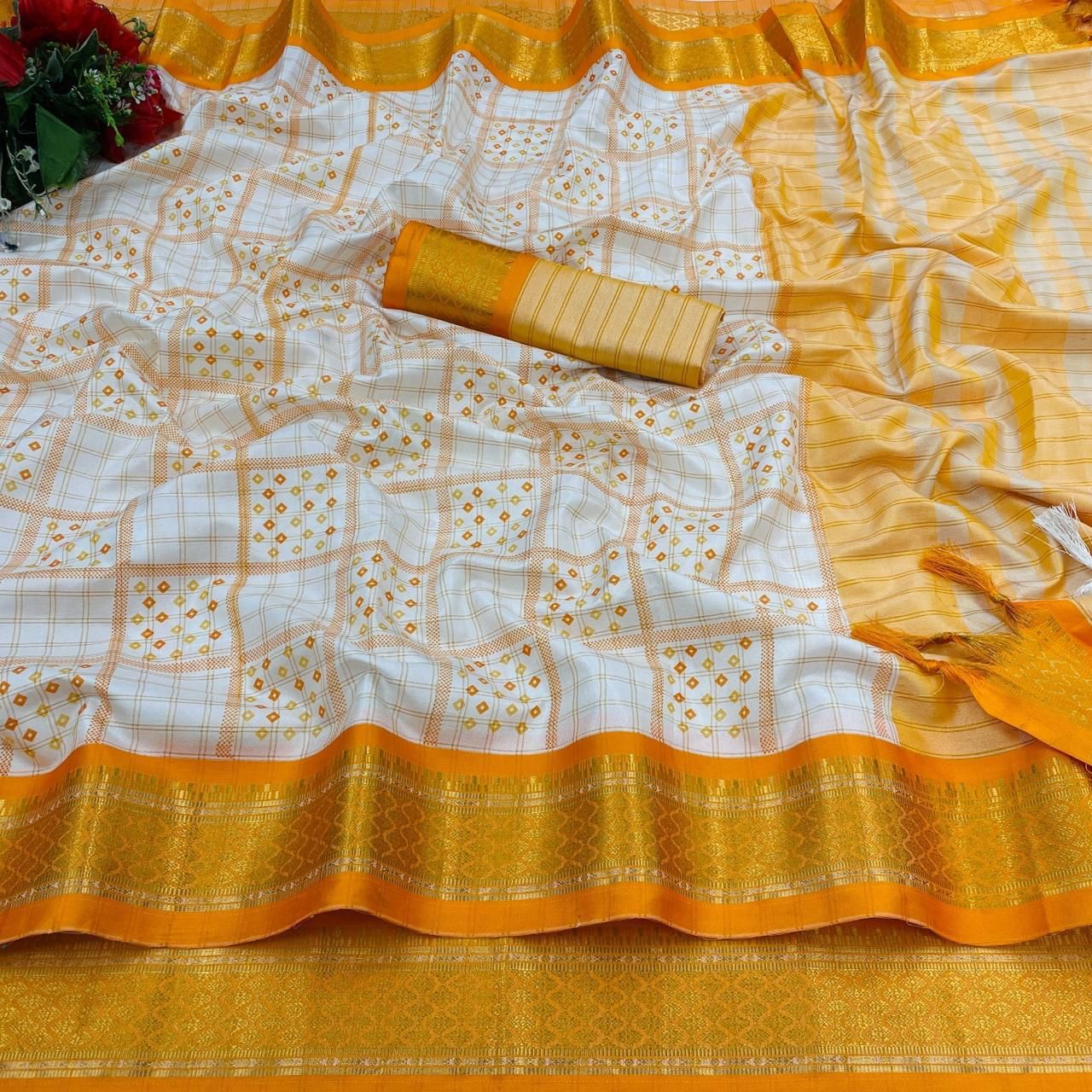 Present New Trends Block Print Banarasi Saree – Pure Cotton Silk with Zari Weaving & Designer Blouse
