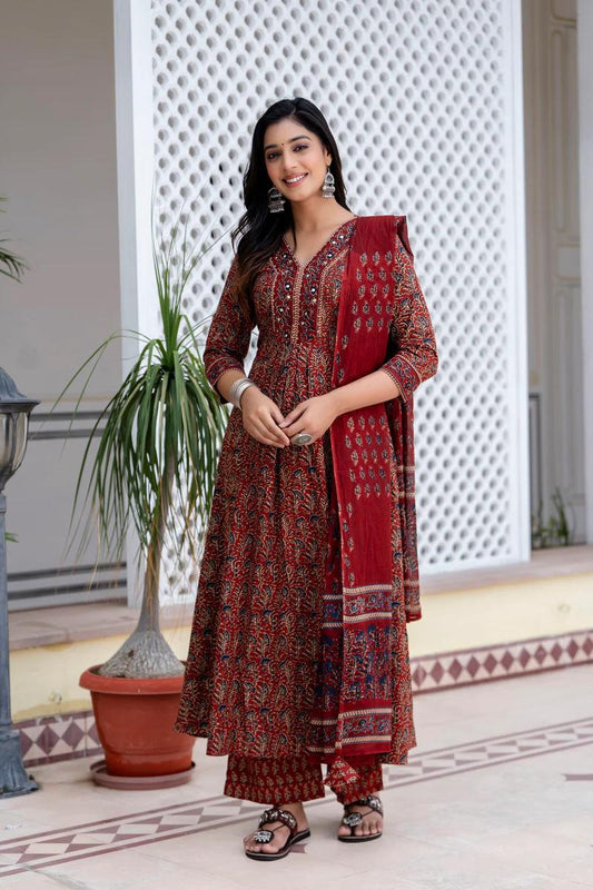 Dreamy A-Line Cotton Kurta Set | Printed Kurta, Pant & Dupatta | Sequins Katha Work