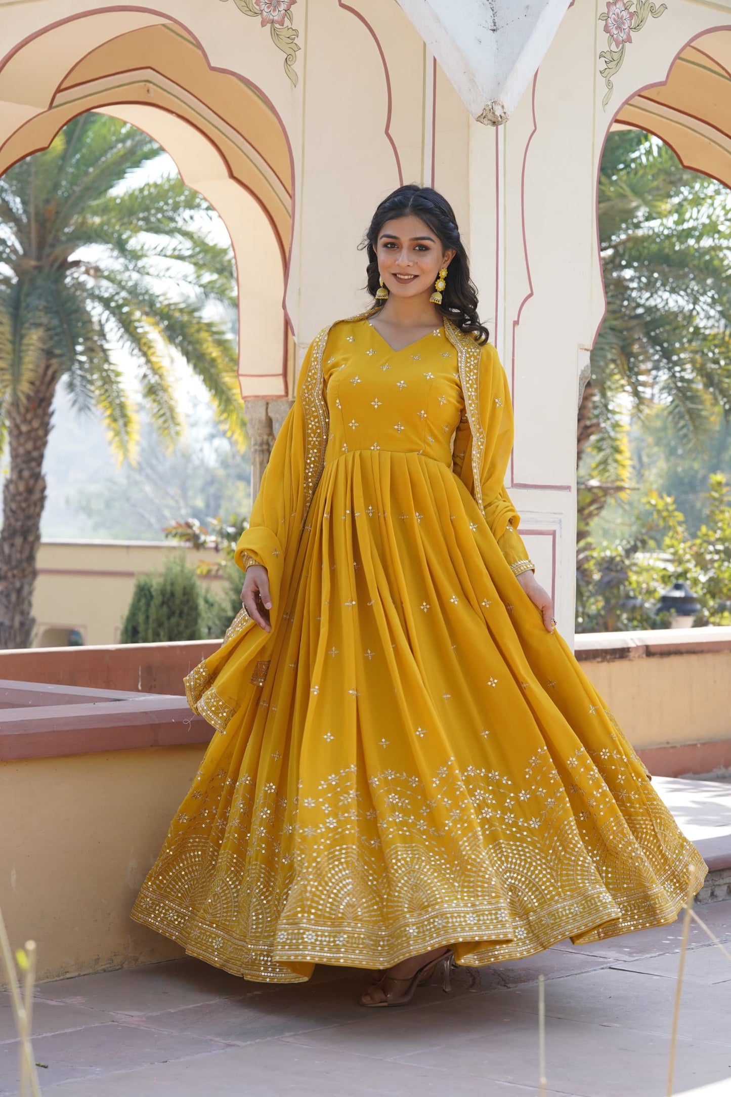 Premium Designer Readymade Gown with Dupatta β Faux Georgette, Zari & Sequins Embroidery