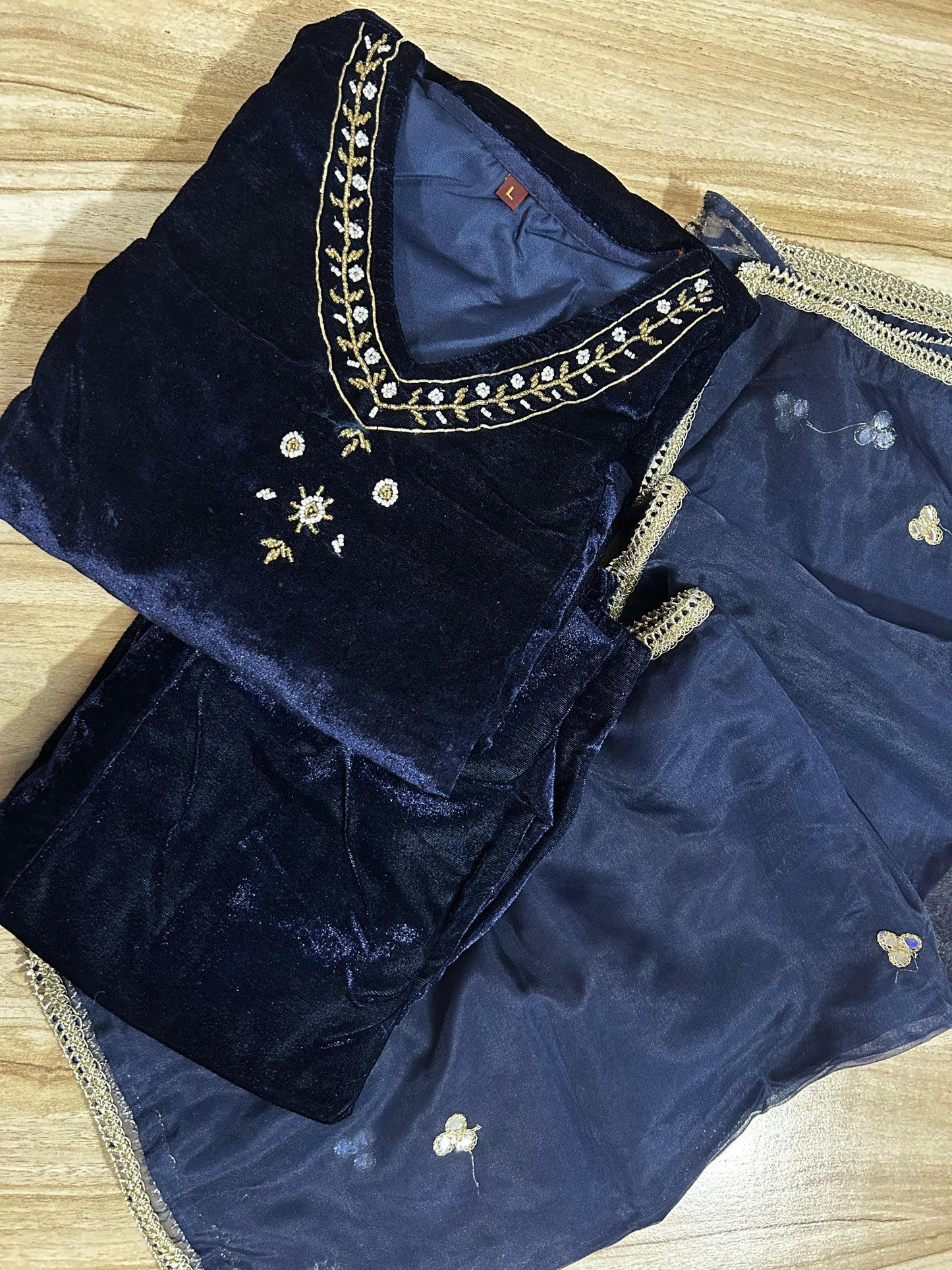 Winter Collection Velvet Suit Set – Navy Blue | Hand Work with Organza Dupatta