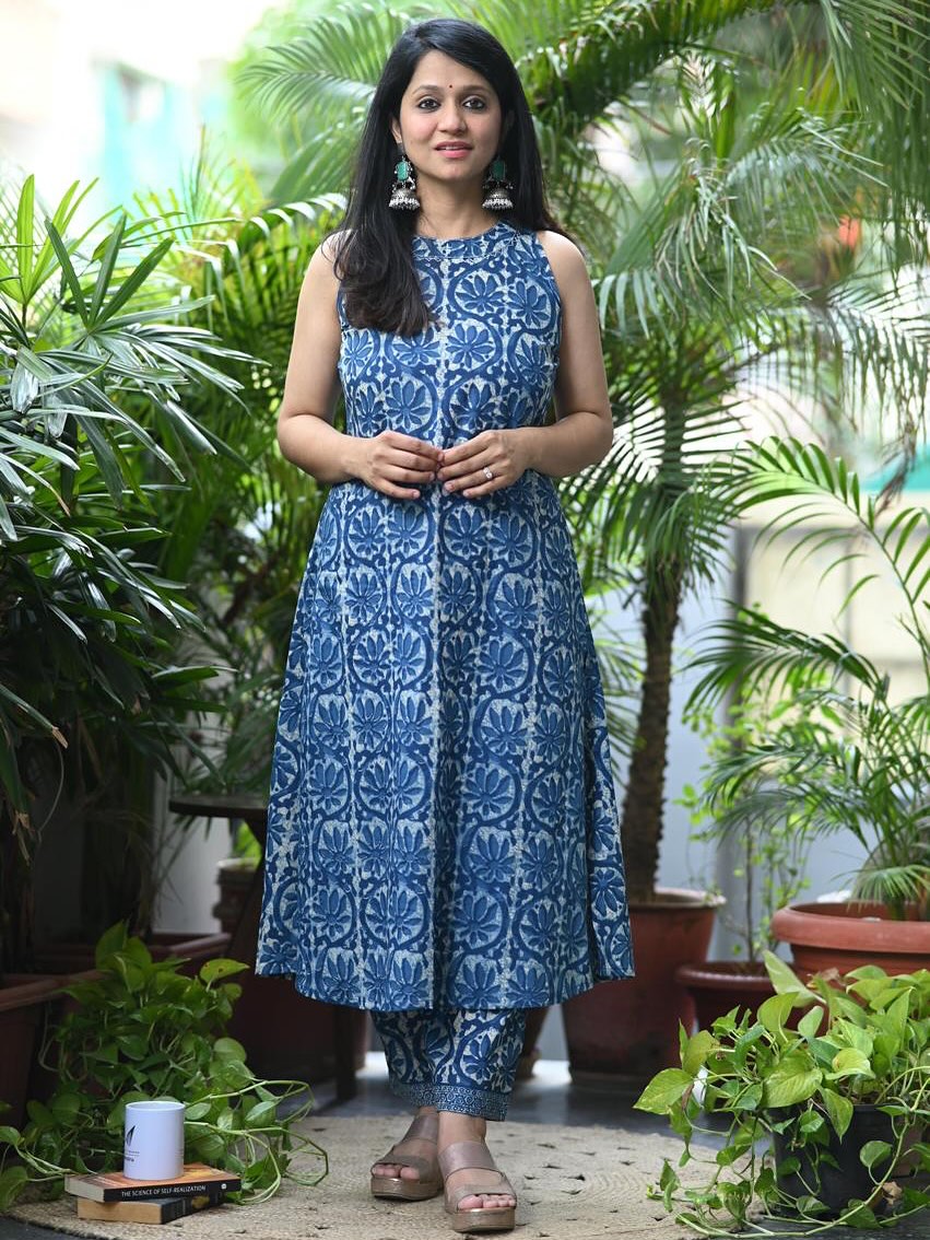 Indigo Jaipuri Print A-Line Cotton Kurta Set | Hand Kantha Work | Plazo with Pocket