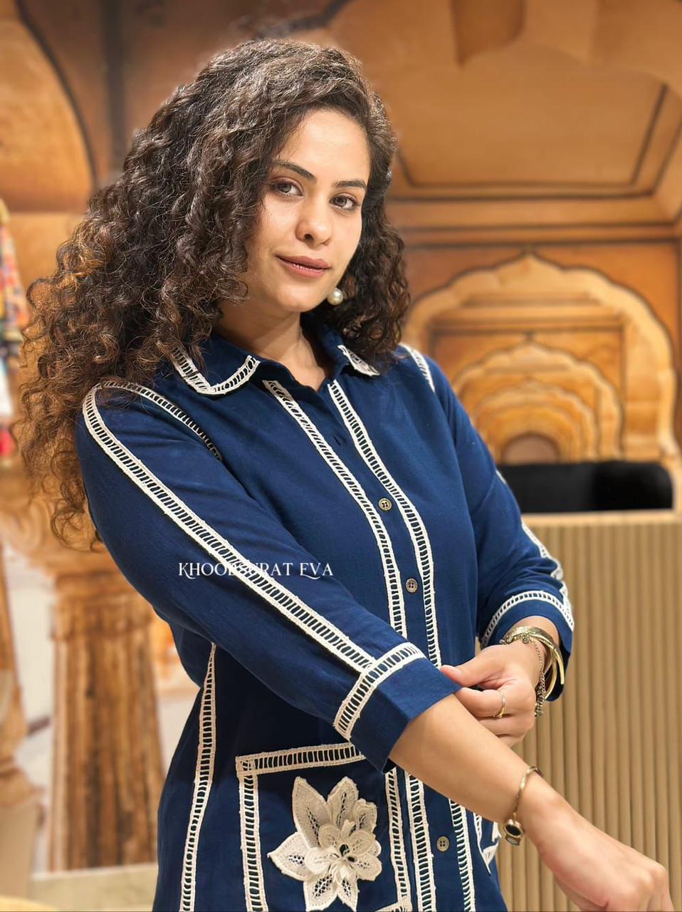 New Stylish Cotton Slub Co-ord Set | Shirt-Style Top & Pants with Embroidery & Lace Work