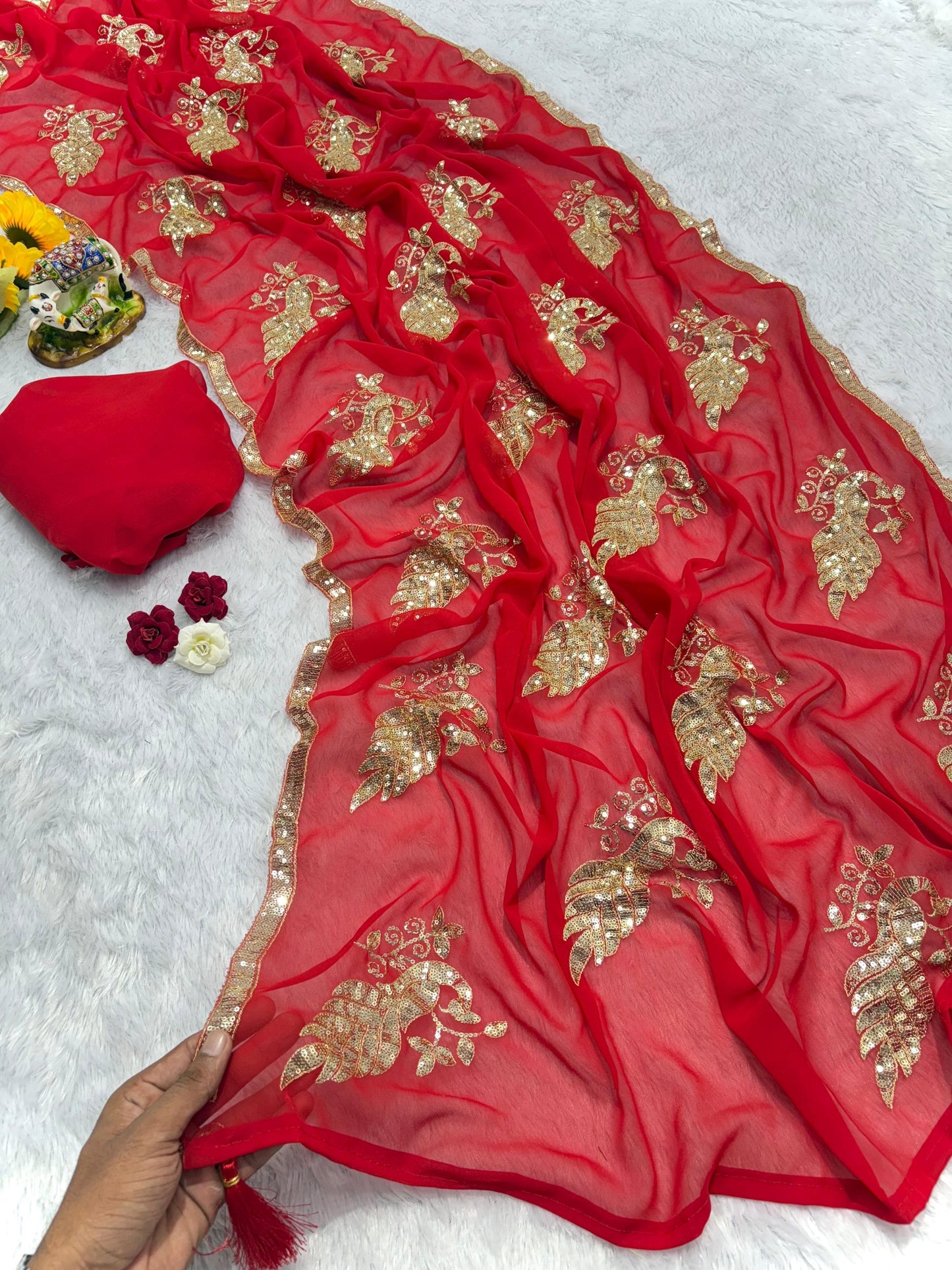 Perfect for festive occasions, this saree blends tradition and trend—crafted to make you shine bright this Karwa Chauth!