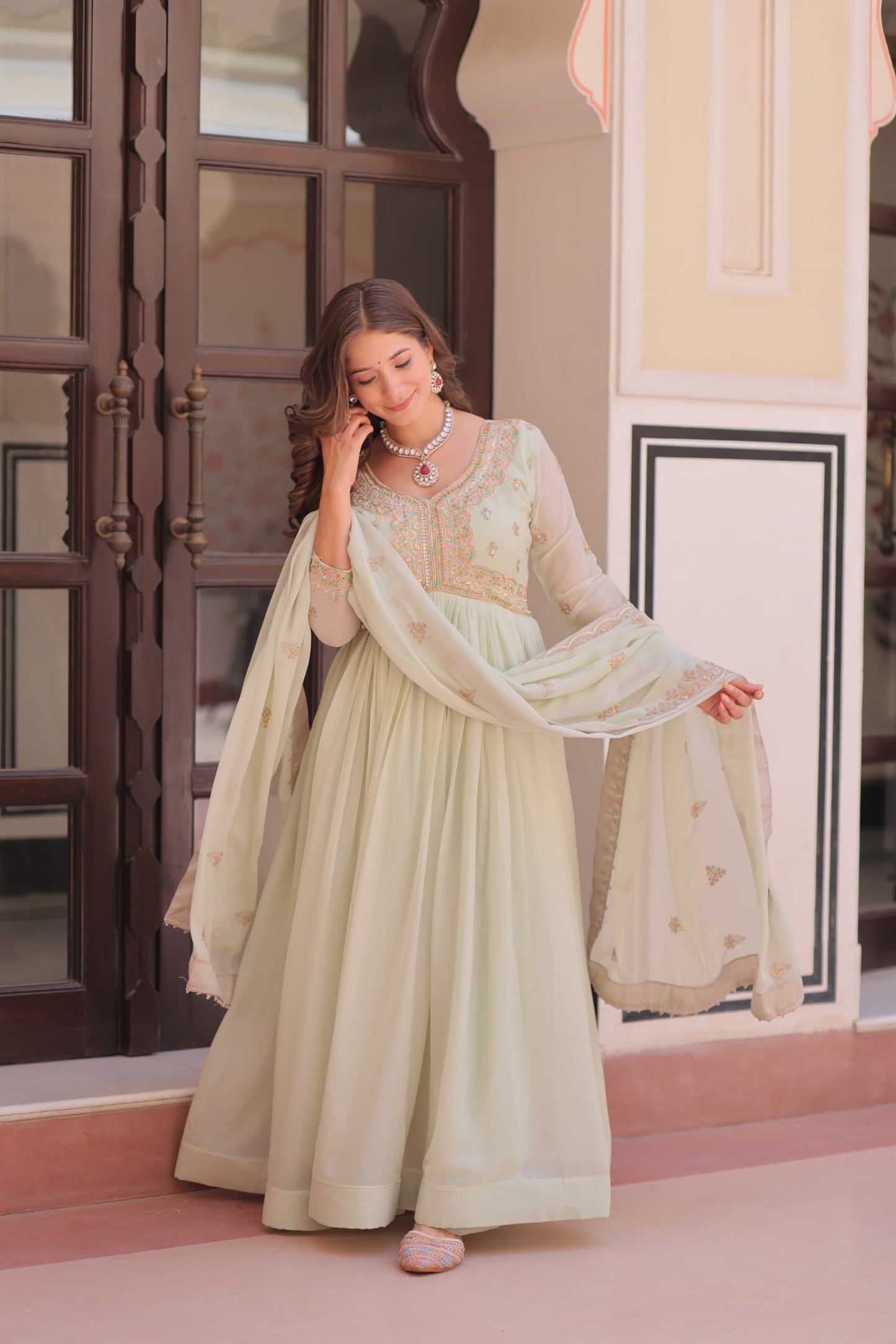 Premium Star Georgette Embroidered Gown with Dupatta | Diwali Special 2025