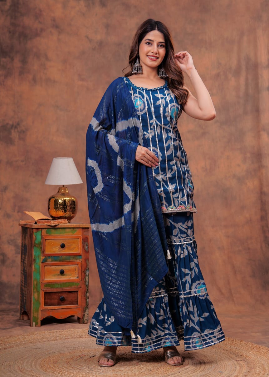 New Launch | Premium Muslin Kurti Sharara Dupatta Set | Digital Foil Print