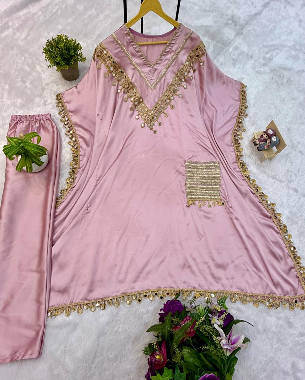 Premium Devsena Satin Kaftan & Pant Set | Real Mirror Work & Lace Detailing