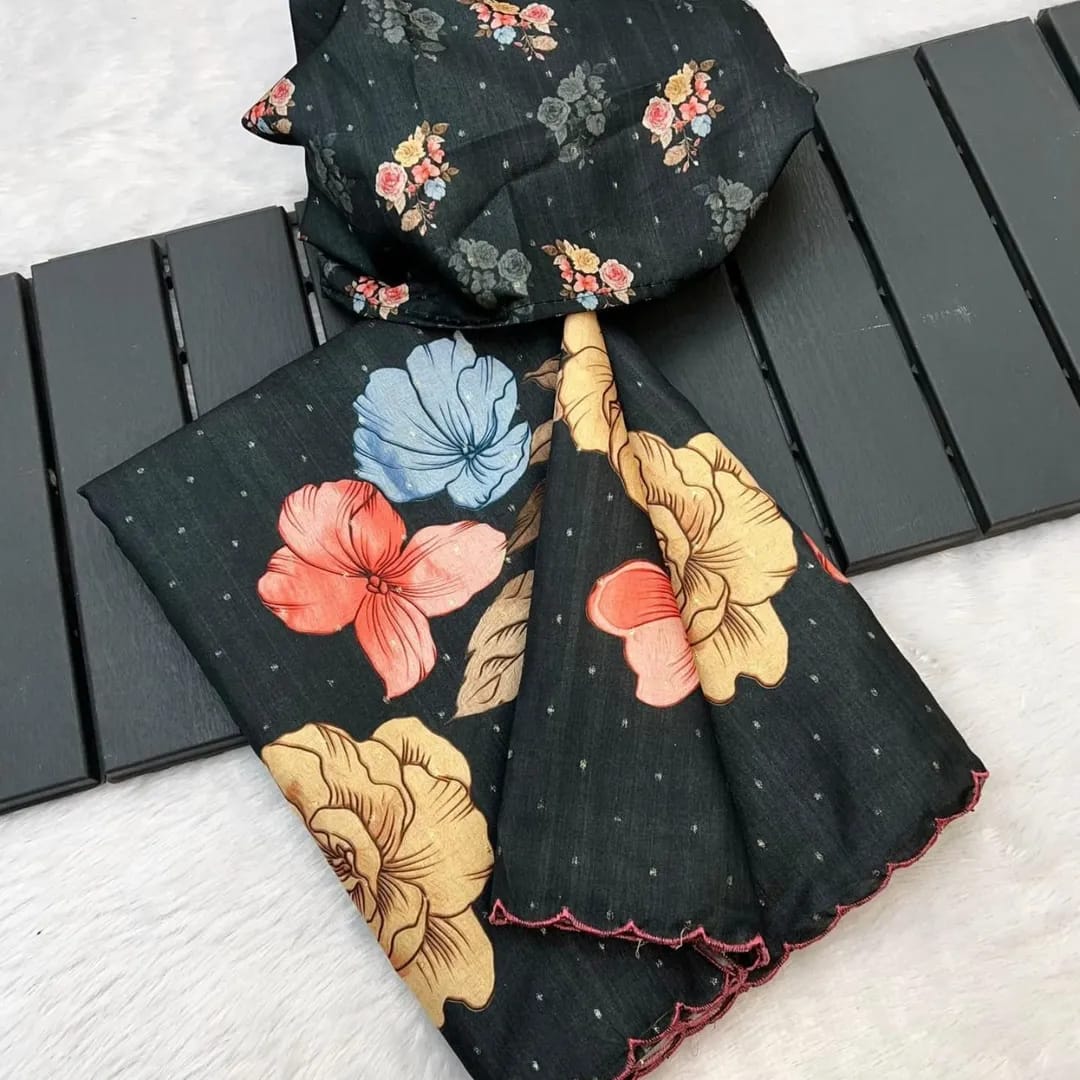 Elegant Tussar Silk Saree with Tulip Digital Print & Arco Border | Matching Blouse Piece