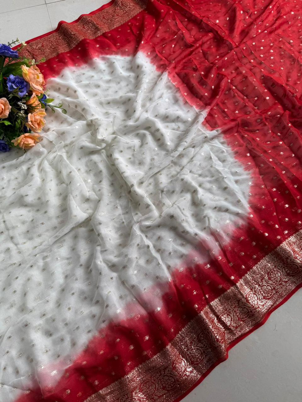 Durga Puja Special – Viscose Georgette Saree with Contrast Pallu & Running Blouse