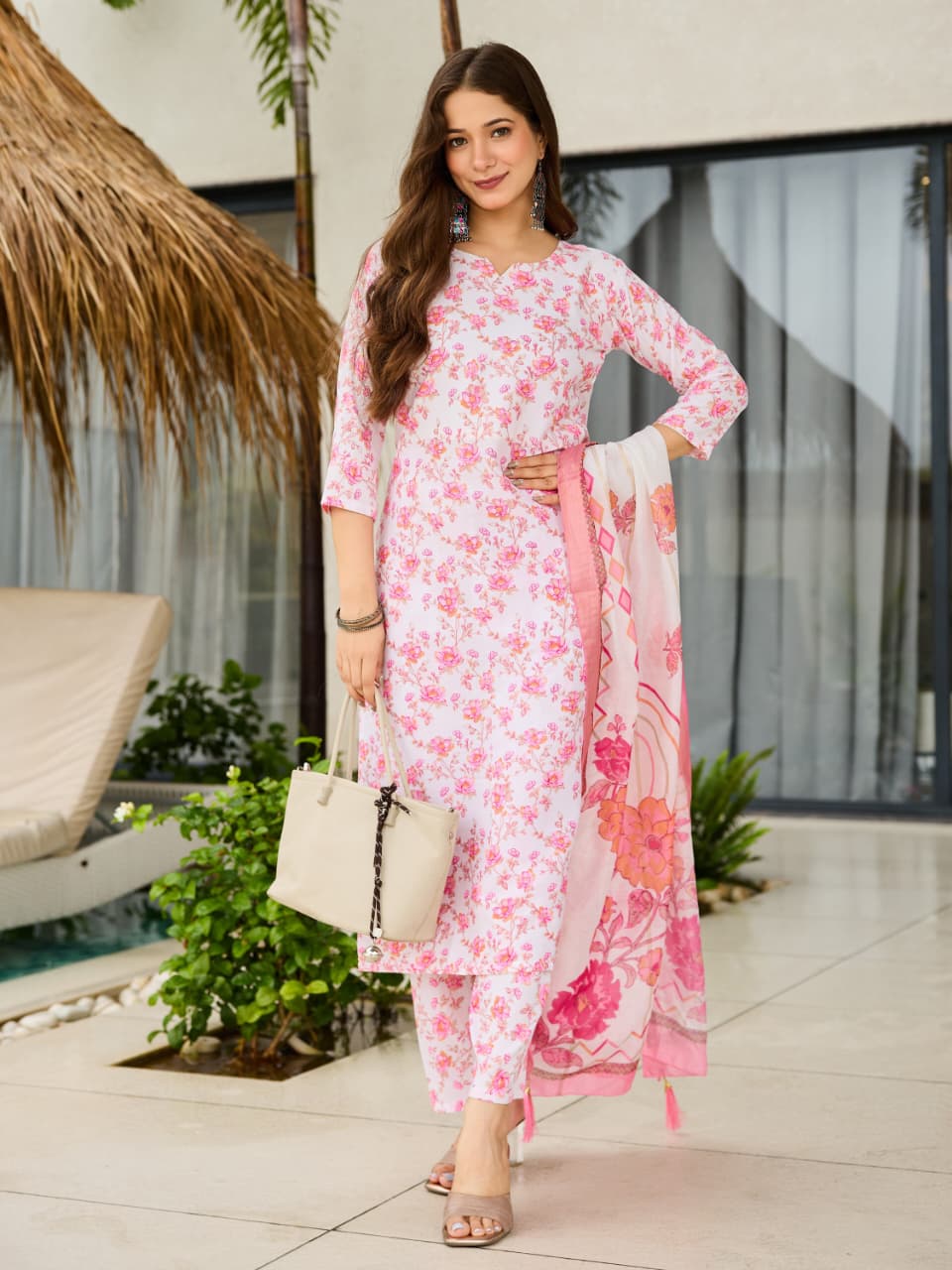 Premium Cotton Blend Printed Kurta Set with Jacquard Organza Dupatta | Elegant 3-Piece Suit