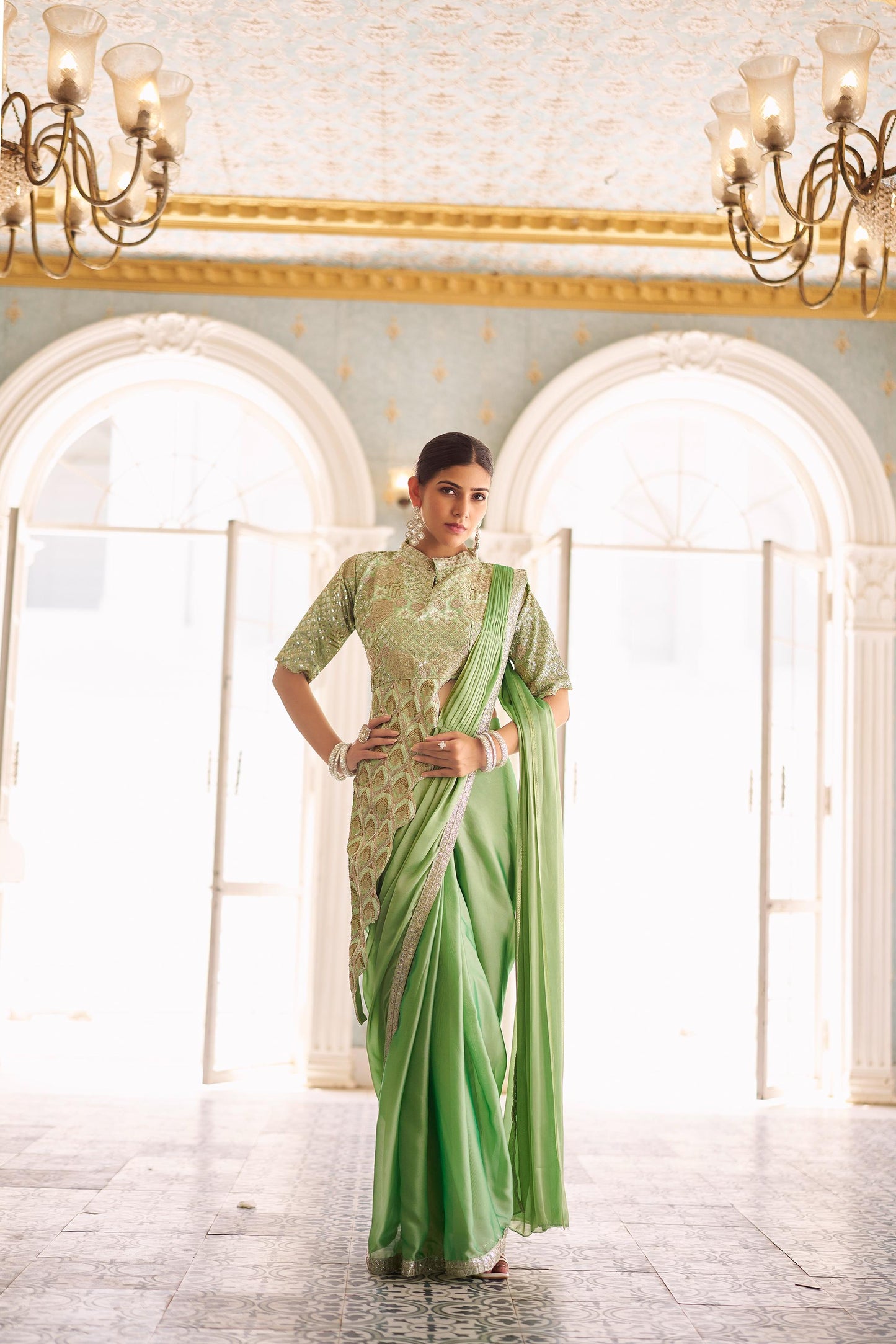 DRAPE SAREE β Premium Ready-to-Wear Chinon Saree with Fully Embroidered Blouse