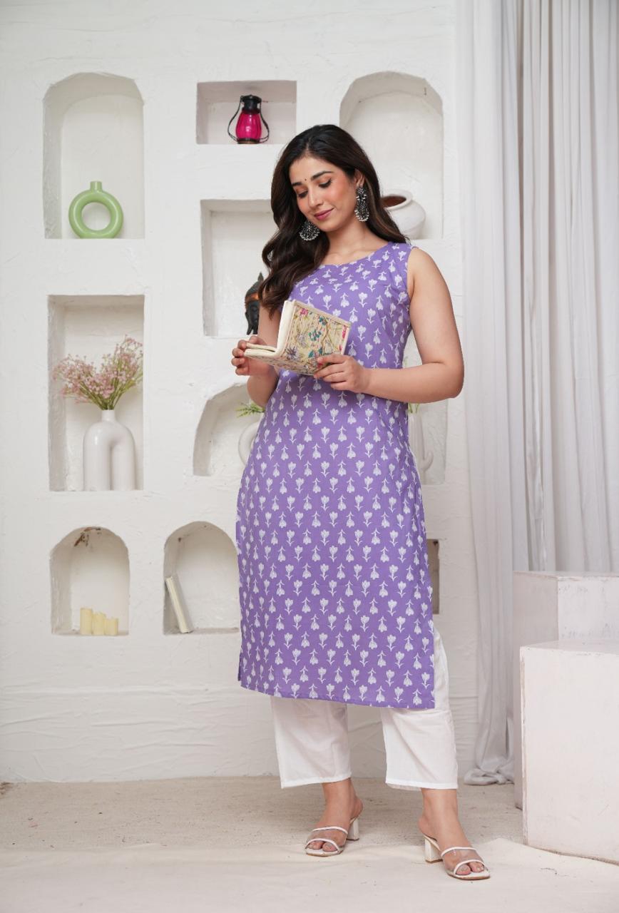 Beautiful Cotton Printed Sleeveless Kurti with Pant | Gold Print