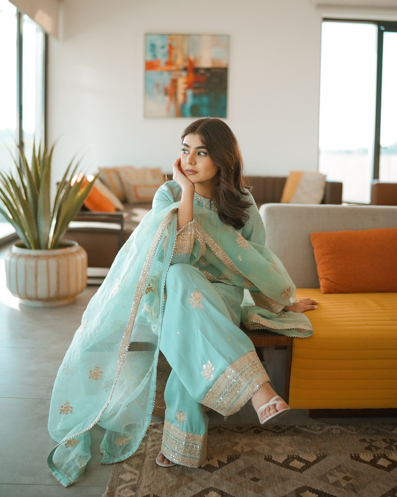 Premium Party Wear Pure Crepe Top–Farshi Palazzo Set with Embroidered Organza Dupatta | Fully Stitched