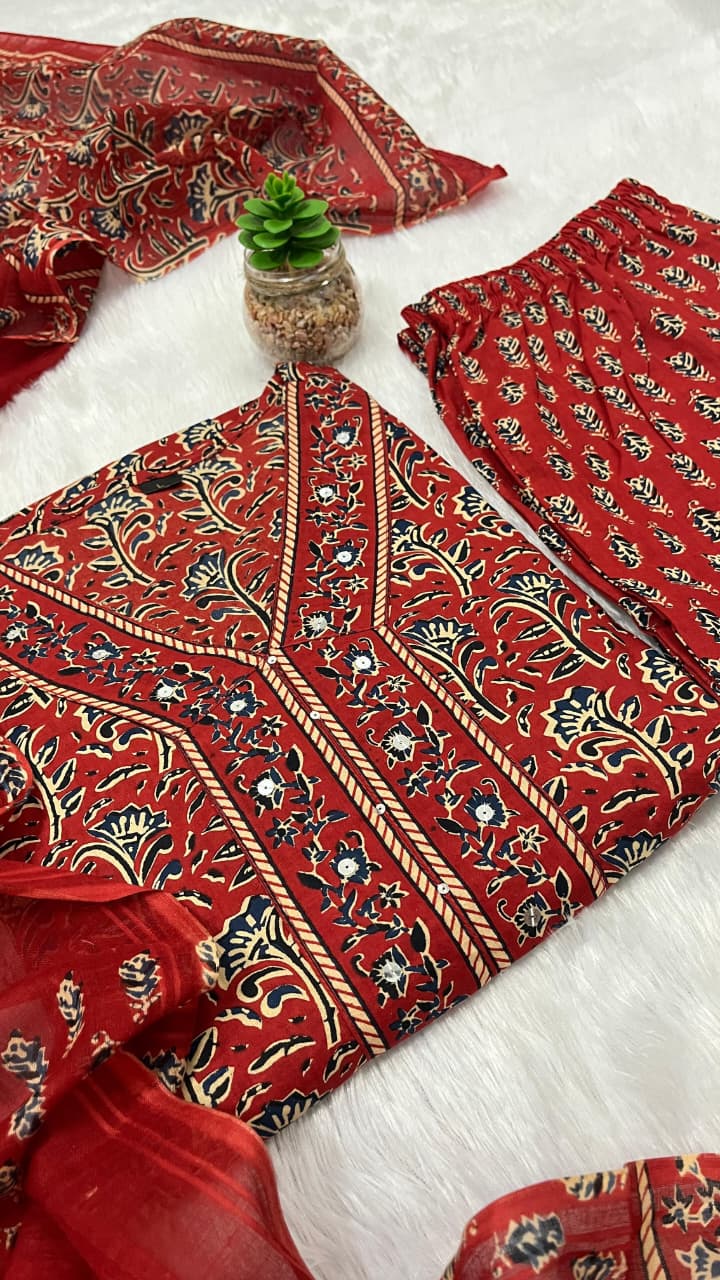 Dreamy A-Line Cotton Kurta Set | Printed Kurta, Pant & Dupatta | Sequins Katha Work