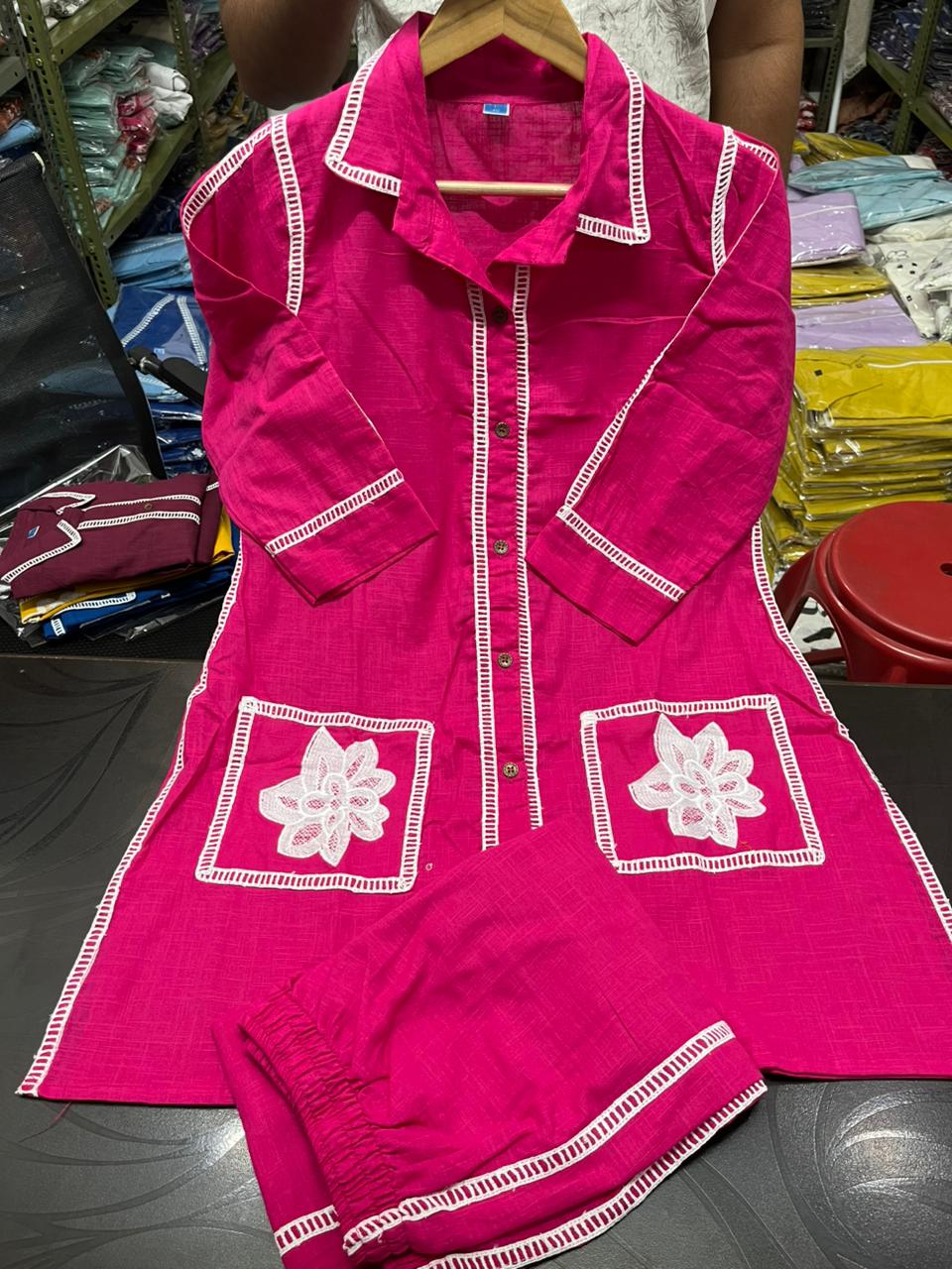 New Stylish Cotton Slub Co-ord Set | Shirt-Style Top & Pants with Embroidery & Lace Work