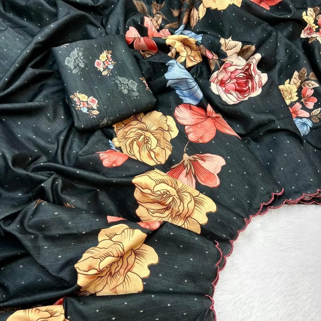 Elegant Tussar Silk Saree with Tulip Digital Print & Arco Border | Matching Blouse Piece