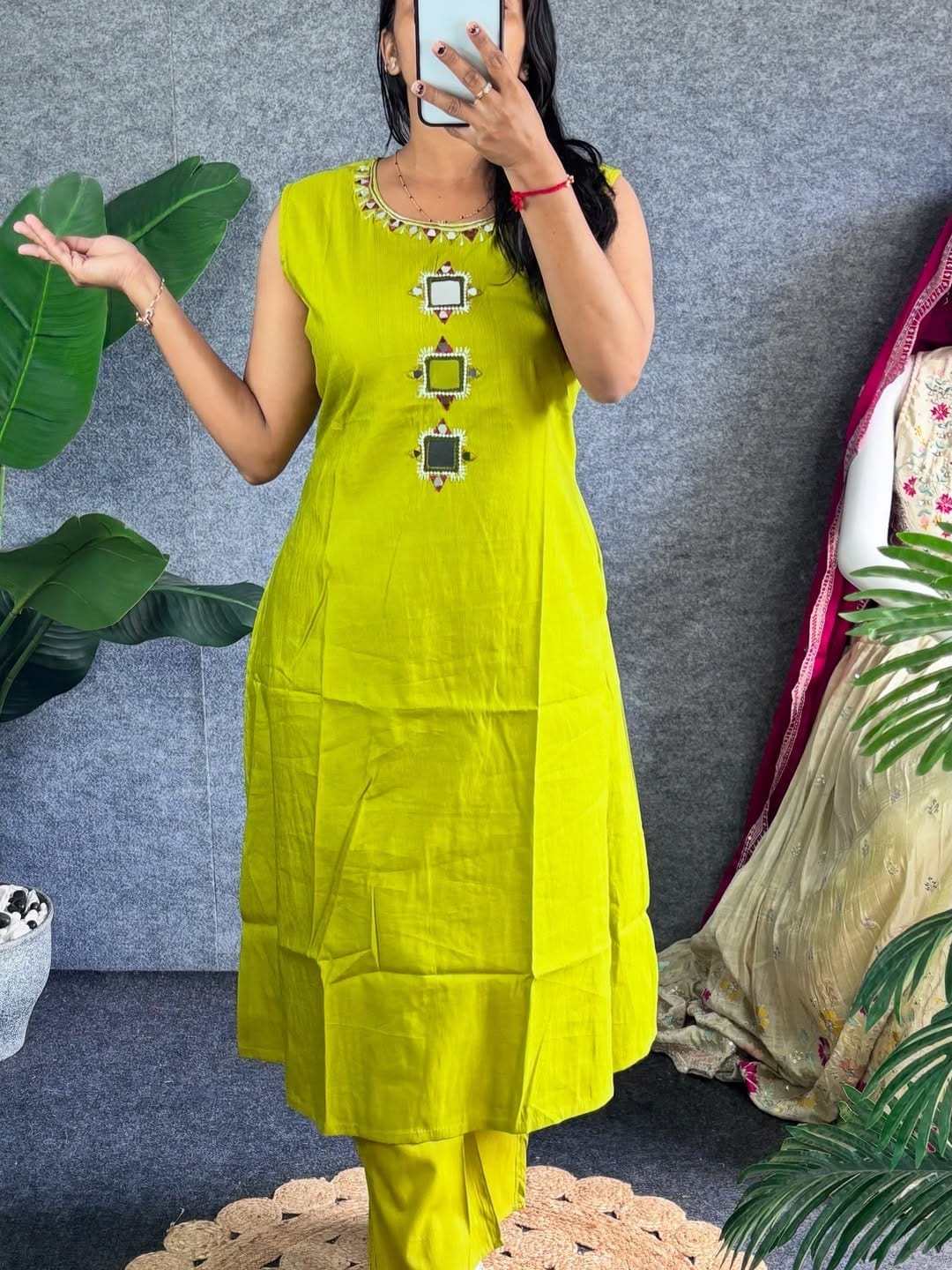 Premium Cotton Mirror & Sequin Kurti Set | Trendy A-Line Co-Ord