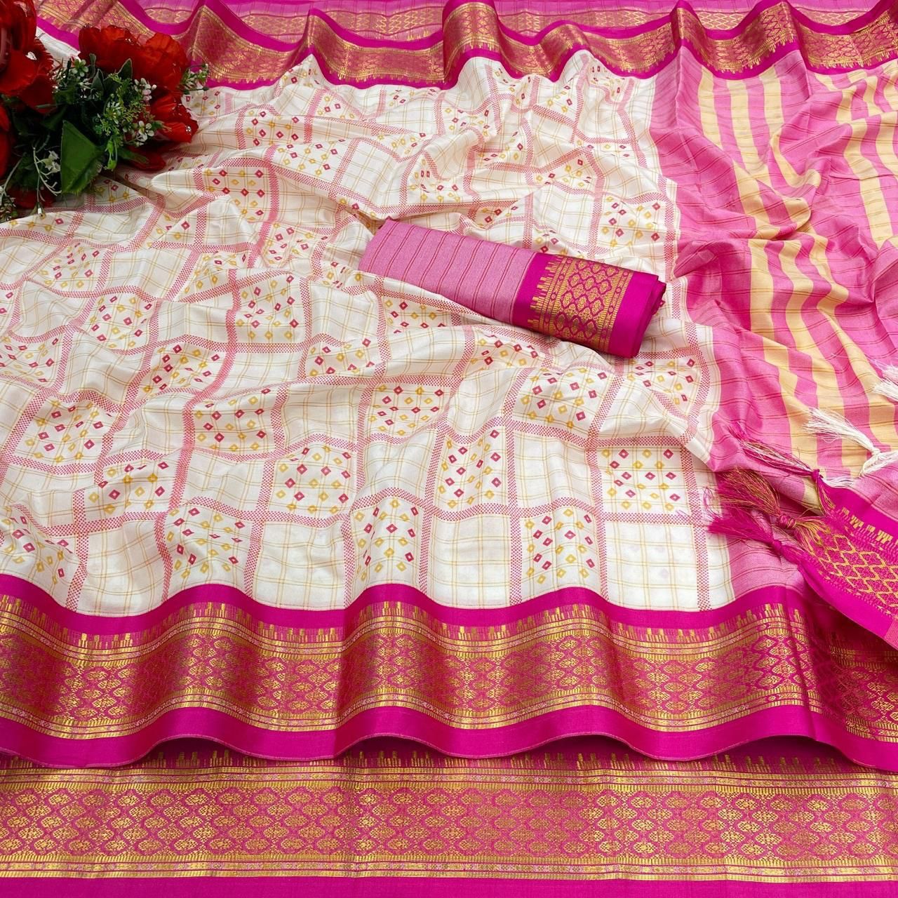 Present New Trends Block Print Banarasi Saree – Pure Cotton Silk with Zari Weaving & Designer Blouse