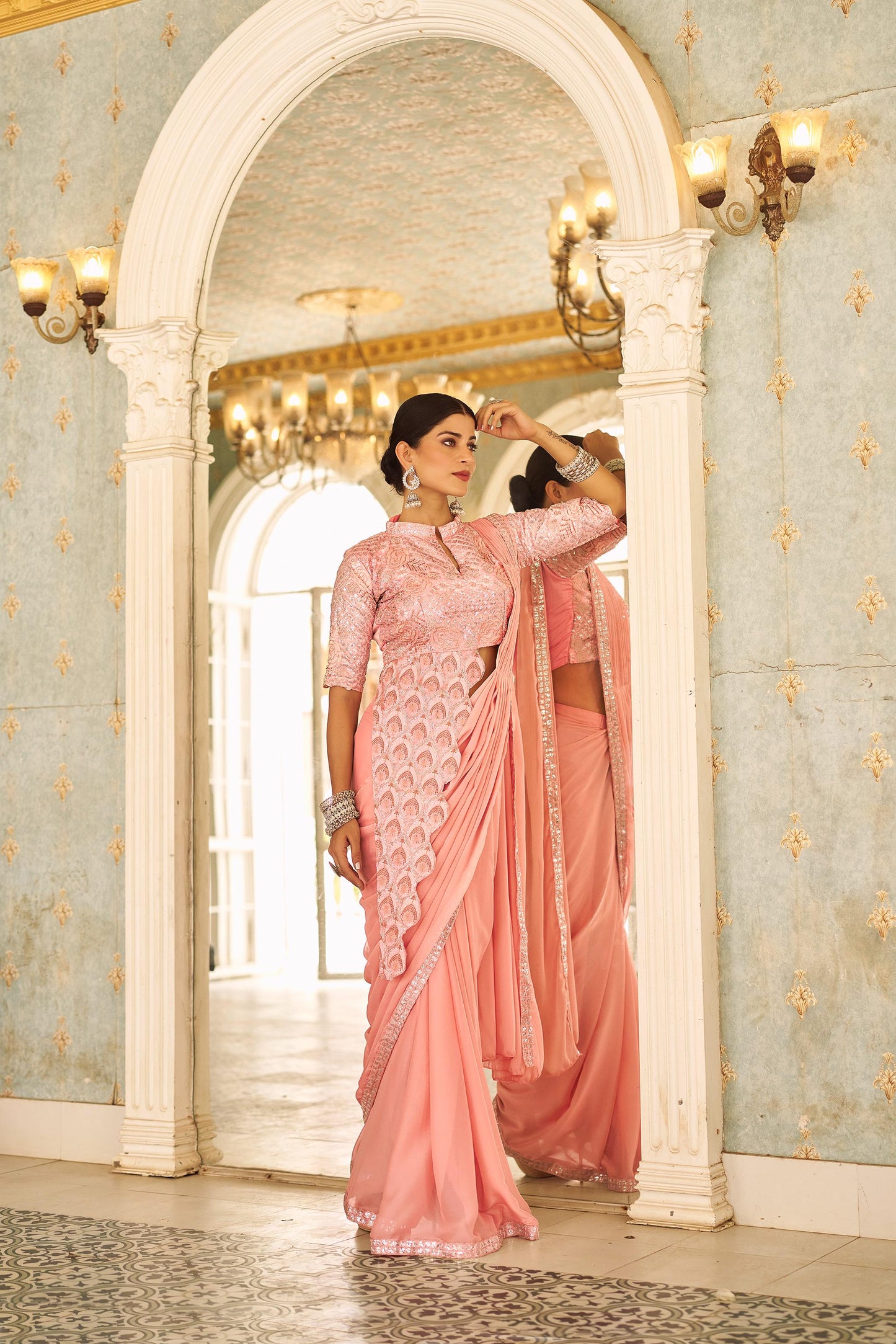 DRAPE SAREE β Premium Ready-to-Wear Chinon Saree with Fully Embroidered Blouse