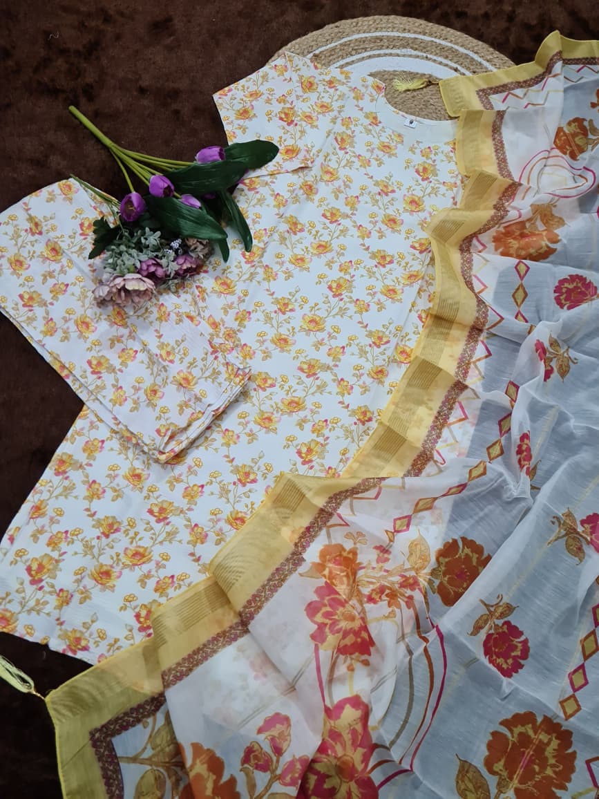 Premium Cotton Blend Printed Kurta Set with Jacquard Organza Dupatta | Elegant 3-Piece Suit