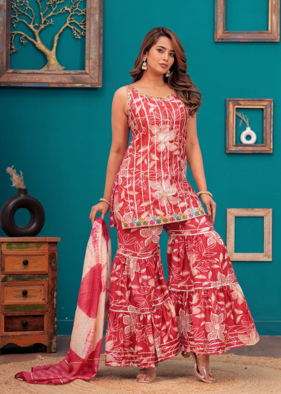 New Launch | Premium Muslin Kurti Sharara Dupatta Set | Digital Foil Print