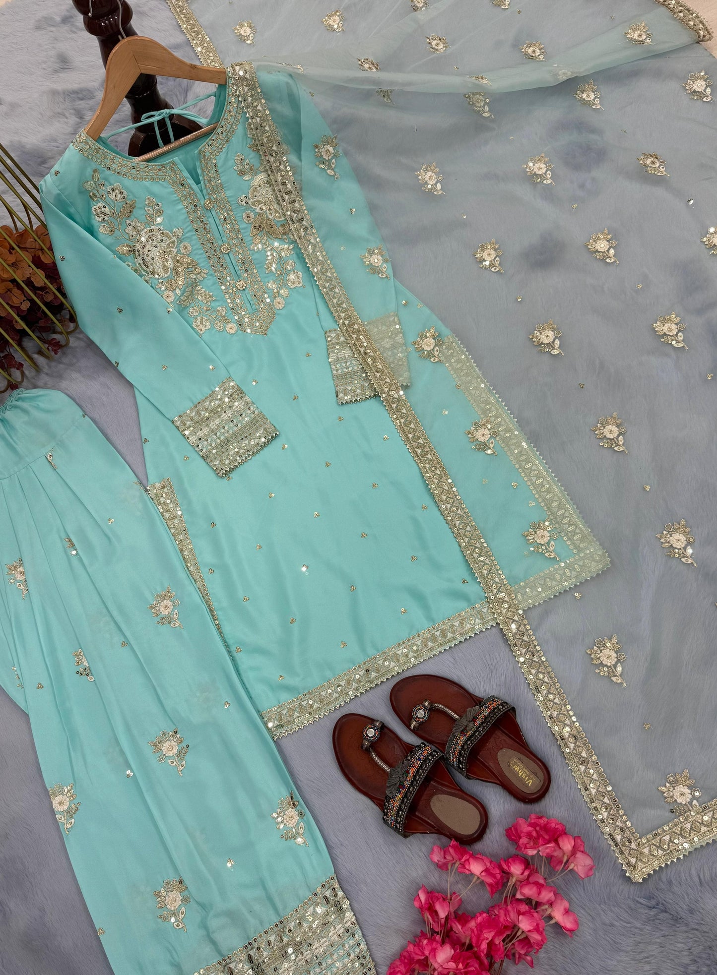 Premium Party Wear Pure Crepe Top–Farshi Palazzo Set with Embroidered Organza Dupatta | Fully Stitched