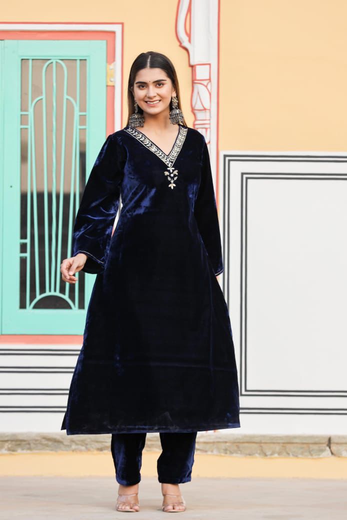 Winter Collection Velvet Suit Set – Navy Blue | Hand Work with Organza Dupatta