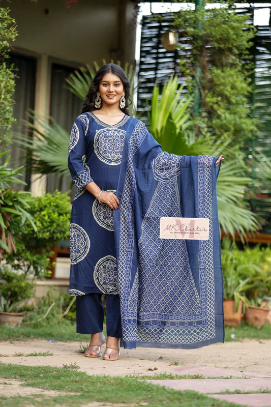 Premium Fur Cotton Discharge Print Suit Set | Elegant Hand Tulip Work Collection