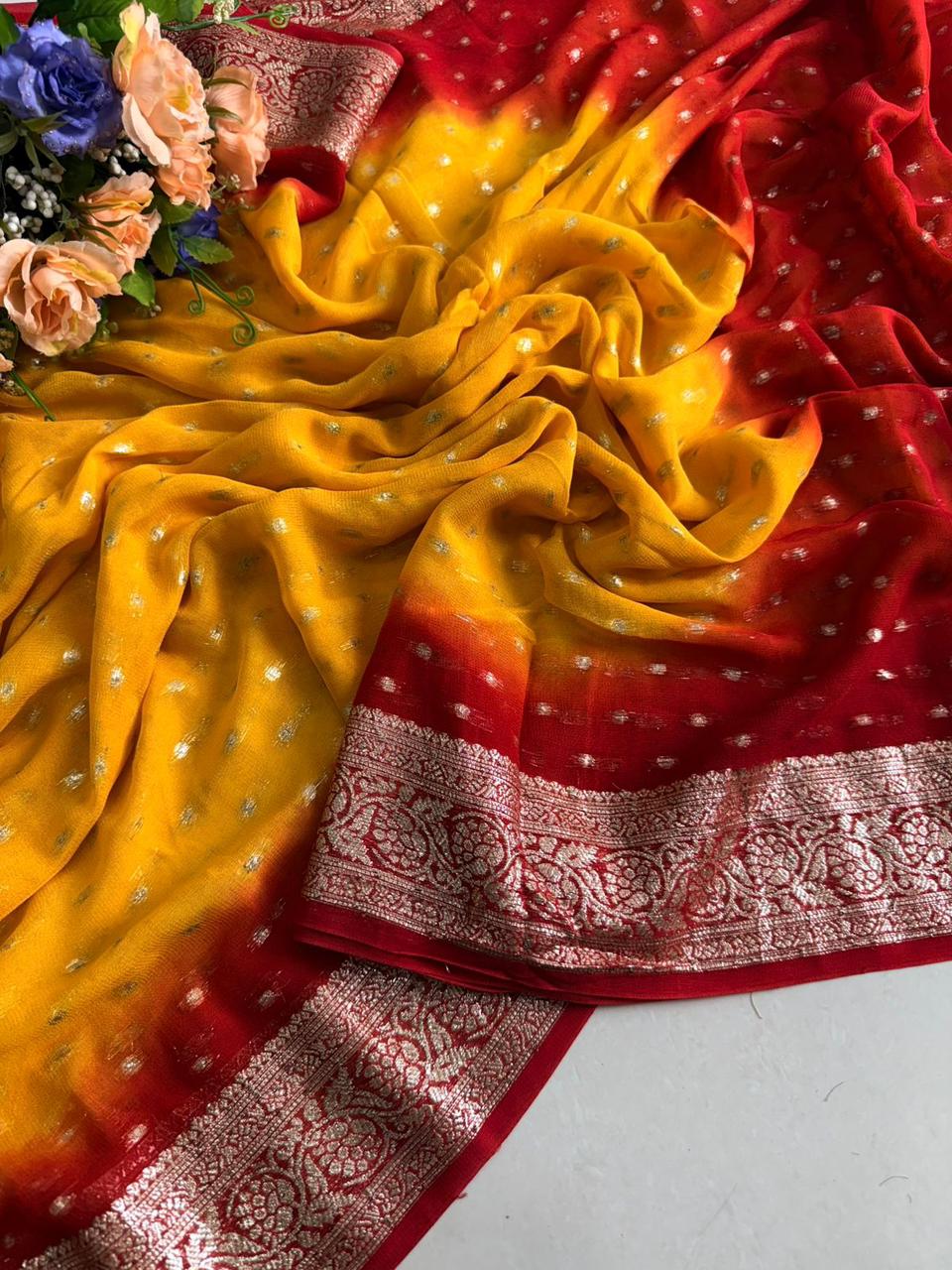 Durga Puja Special – Viscose Georgette Saree with Contrast Pallu & Running Blouse