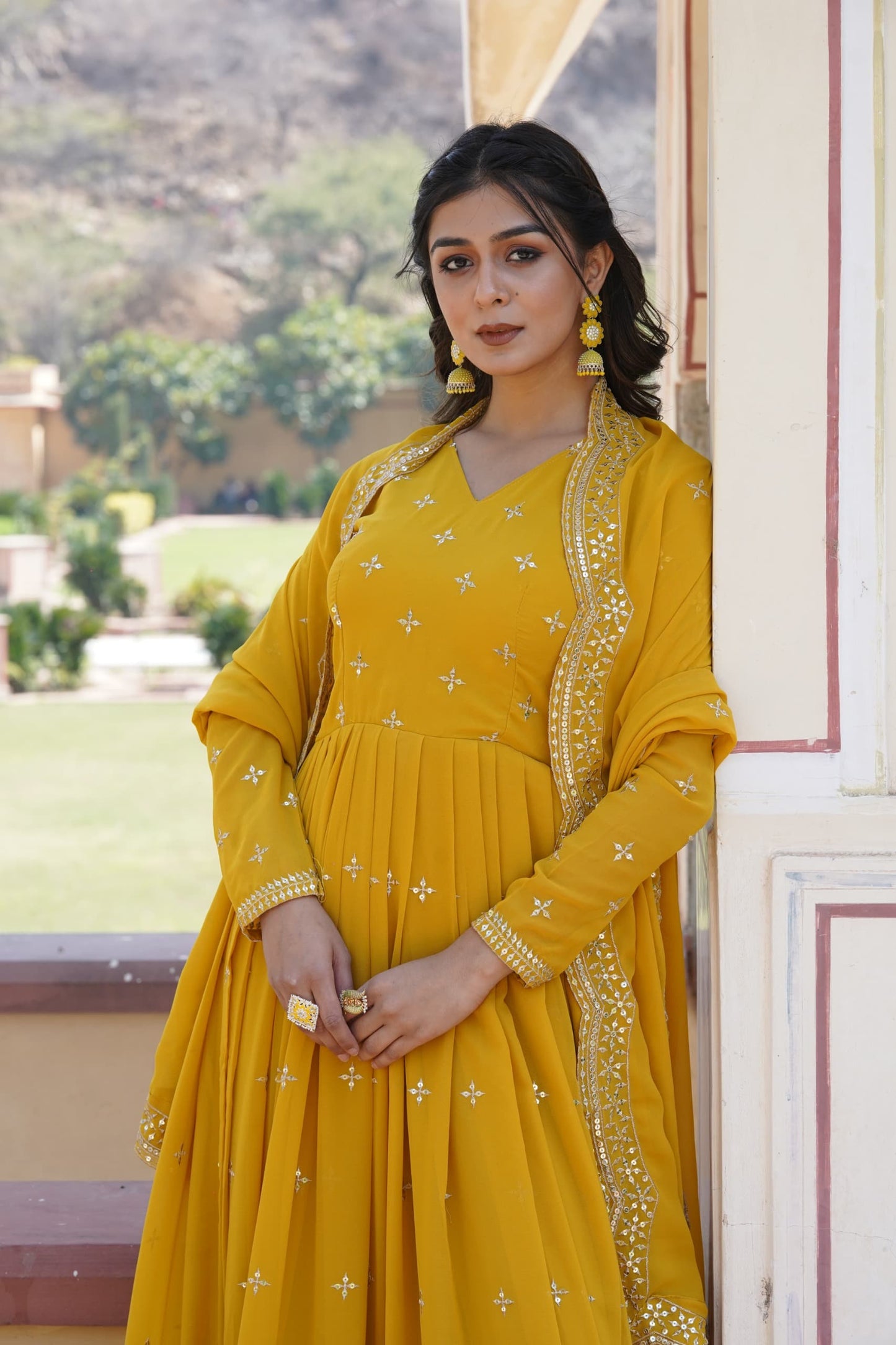 Premium Designer Readymade Gown with Dupatta β Faux Georgette, Zari & Sequins Embroidery